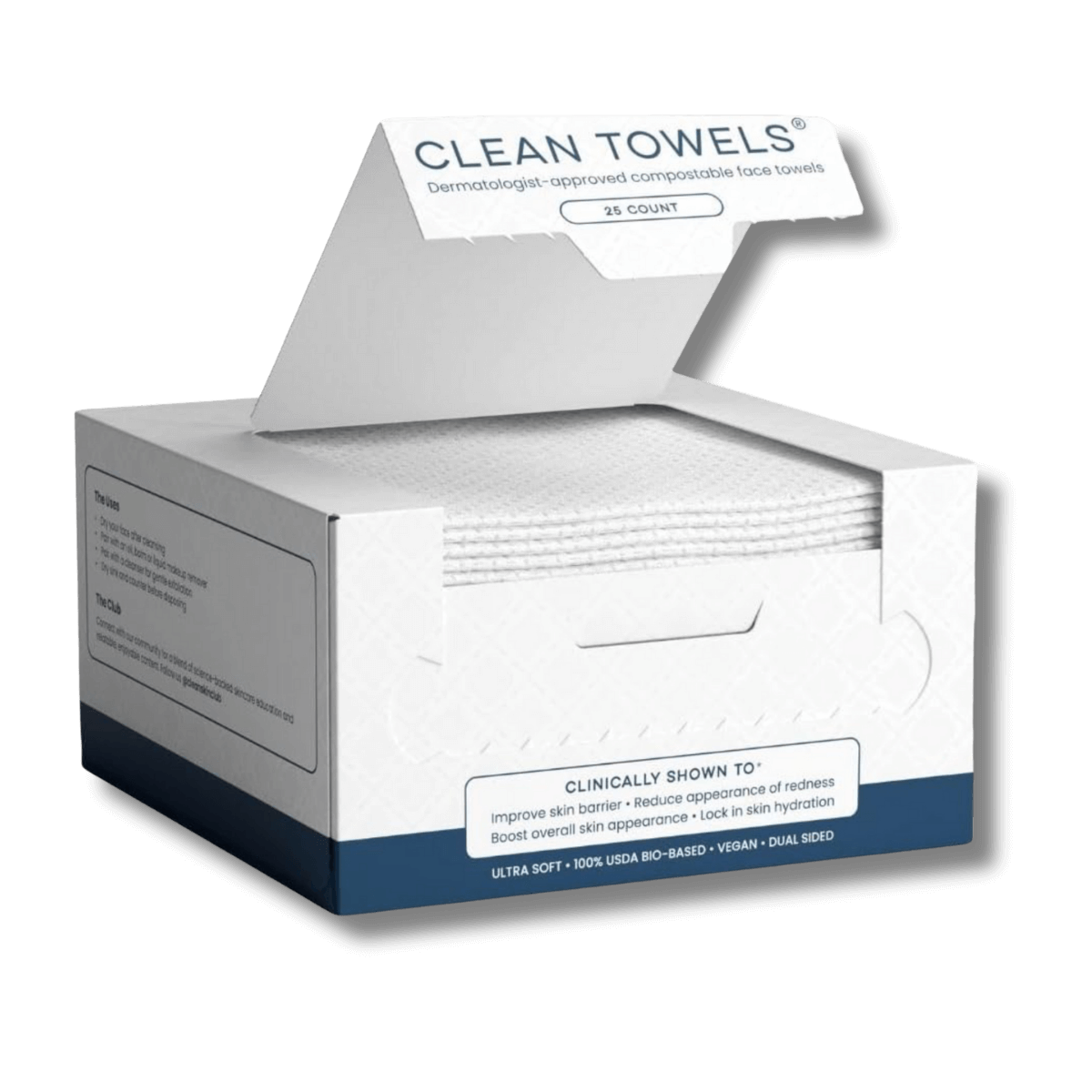 Box of Clean Skin Club Towels 25 Count open to see towel texture