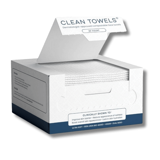 Box of Clean Skin Club Towels 25 Count open to see towel texture
