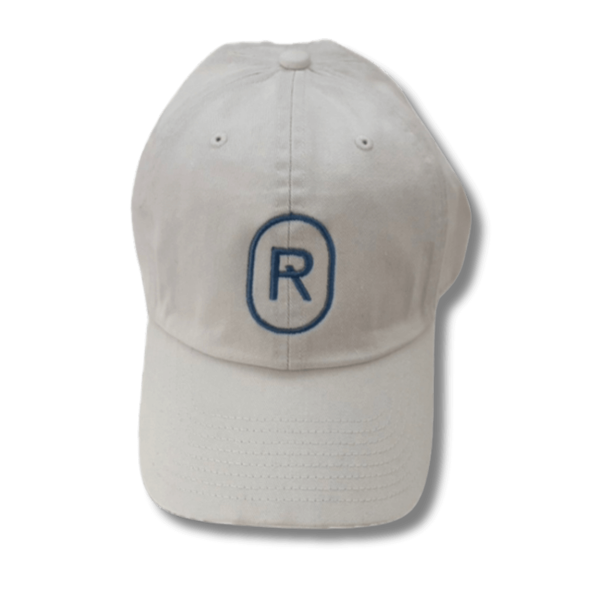 White cap with a blue Emerge 'R' logo emrboidery