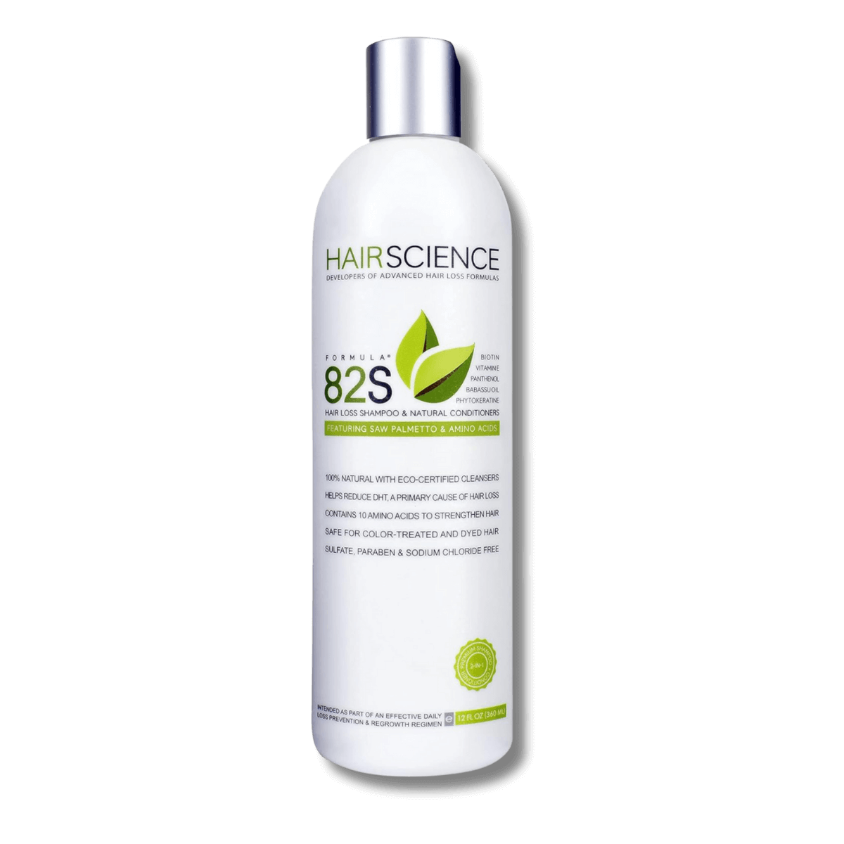 Hair Science Formula 82s shampoo bottle with green leaves on a white background