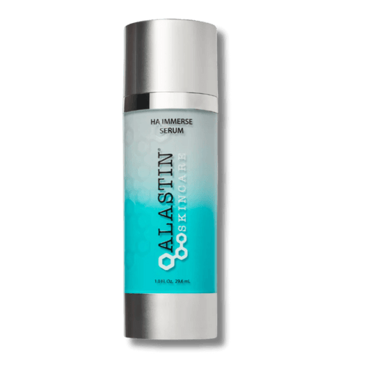 Alastin HA Hyaluronic Acid Immerse Serum turquoise blue bottle with silver cap